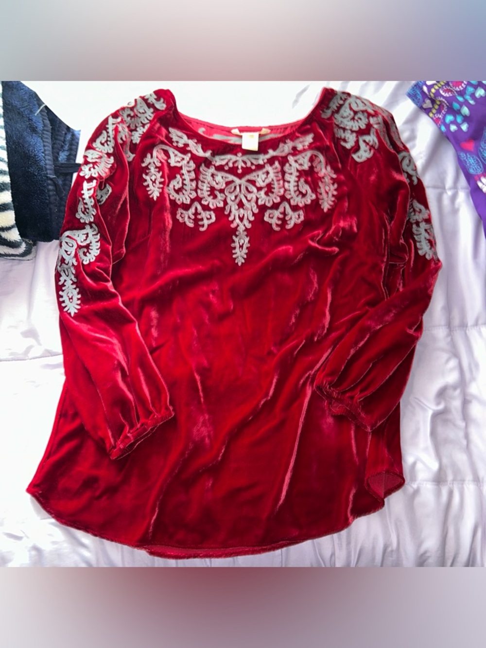 SUNDANCE Women's Velvet Embroidered Top in Crimson Red - Picture 2 of 4